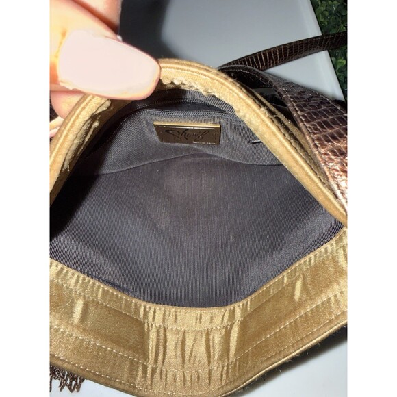 Sharif Made in USA Olive Satin Green & Brown Tassel  Bag Crossbody Purse long - Picture 7 of 10